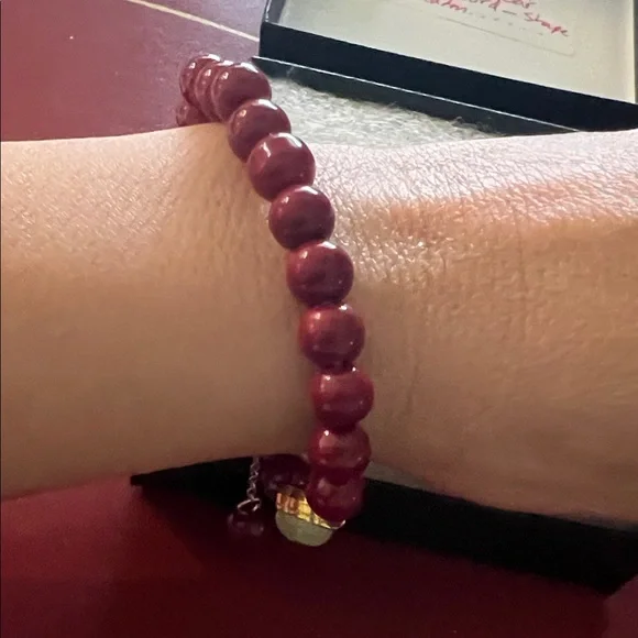 #1343=Red Beaded Stretch Bracelet with Jade Charm - Picture 5 of 6